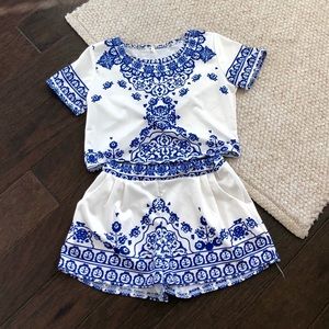 White 2 piece with blue patterns
